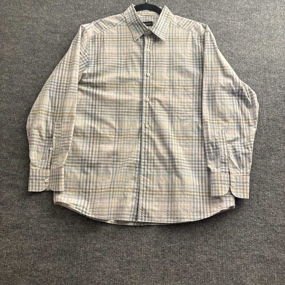Ermenegildo Zegna Plaid Button Down Shirt Mens XL Blue Gray Tan Check Breathable